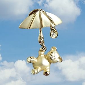 GIUSTI Golden Teddy Bear Pin With Umbrella and a Crystal Rhinestone Raindrop